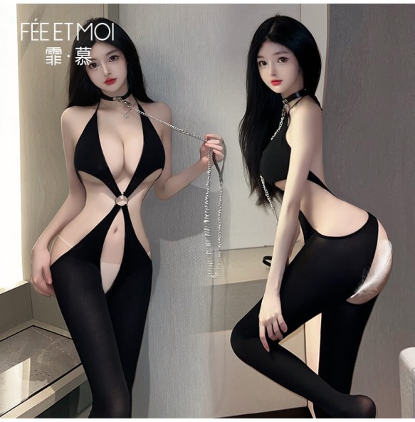 FEE ET MOI - Sexy Hollow Bodystocking With Leash (Black)